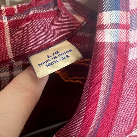 TOMMY BAHAMA Men's L Silk Red Plaid Button Front Casual Shirt Short Sleeve - Picture 9 of 12